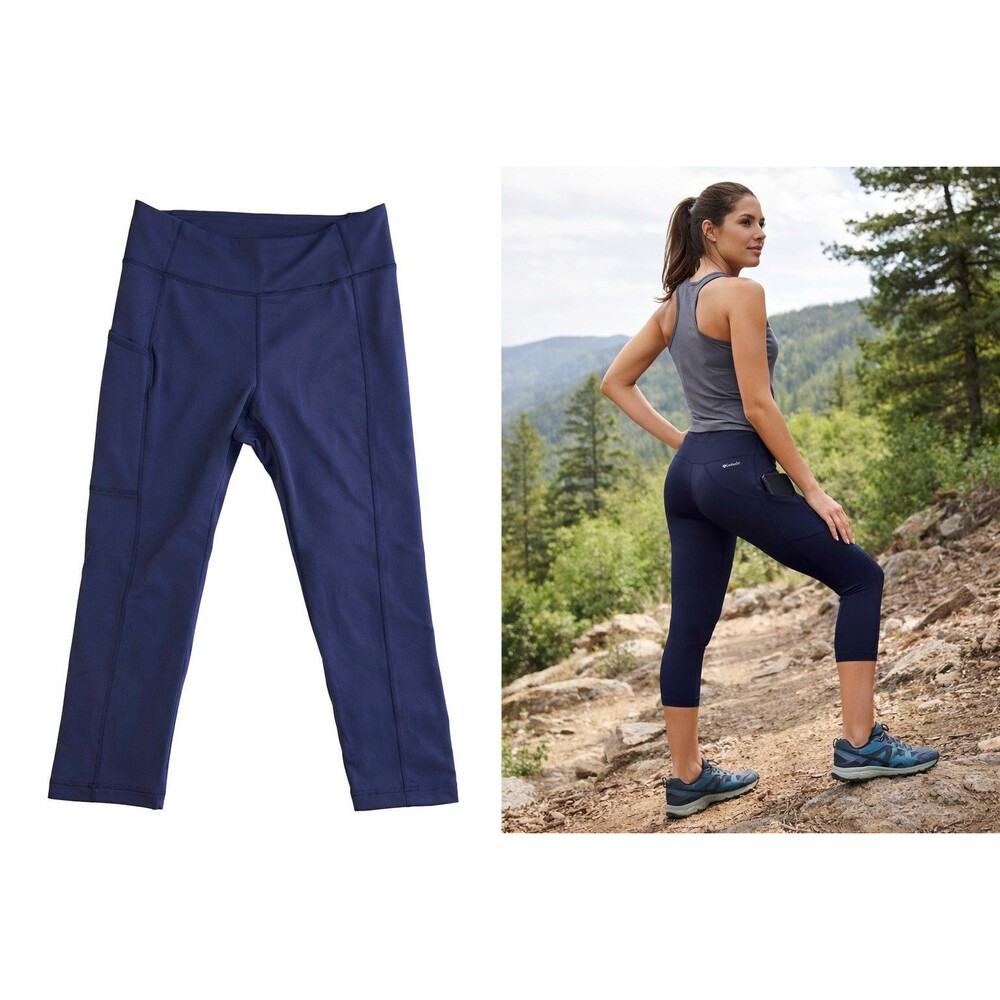 Columbia Womens Small Navy Blue Athletic Leggings Cropped High Rise Pocket